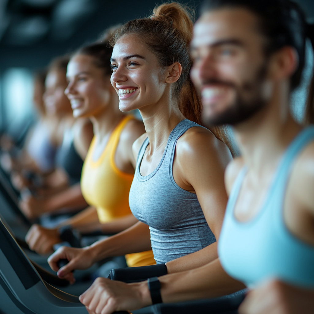Група людей під час інтенсивного кардіо тренування на біговій доріжці